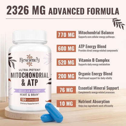 Unlock Your Energy Potential: 2326 MG Mitochondrial Supplements with ATP, CoQ10, PQQ & More - Boost Endurance, Strength, Recovery & Muscle - 120 Organic Capsules