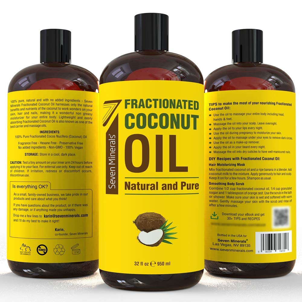 Pure Fractionated Coconut Oil - Big 32 Fl Oz Bottle - Non-Gmo, 100% Natural, Lightweight Massage Oil for Massage Therapy on Skin, Hair, More - Perfect Carrier Oil for Essential Oils